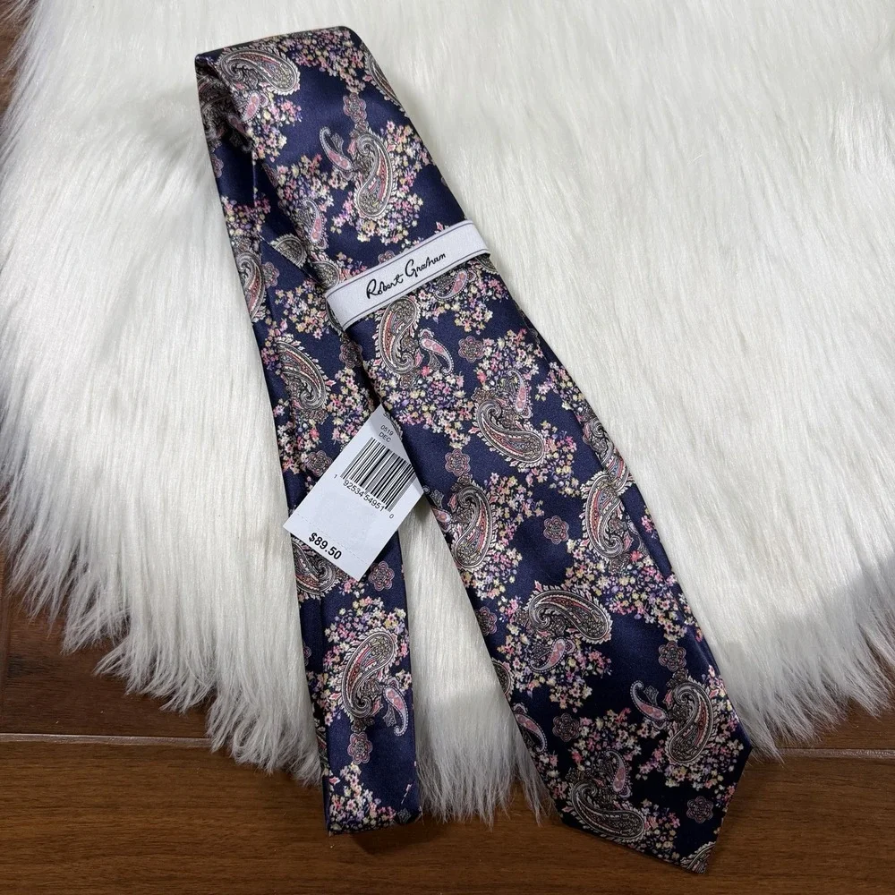 Robert Graham Men's Blue Multicolor Paisley & Floral  100% Silk Necktie Tie